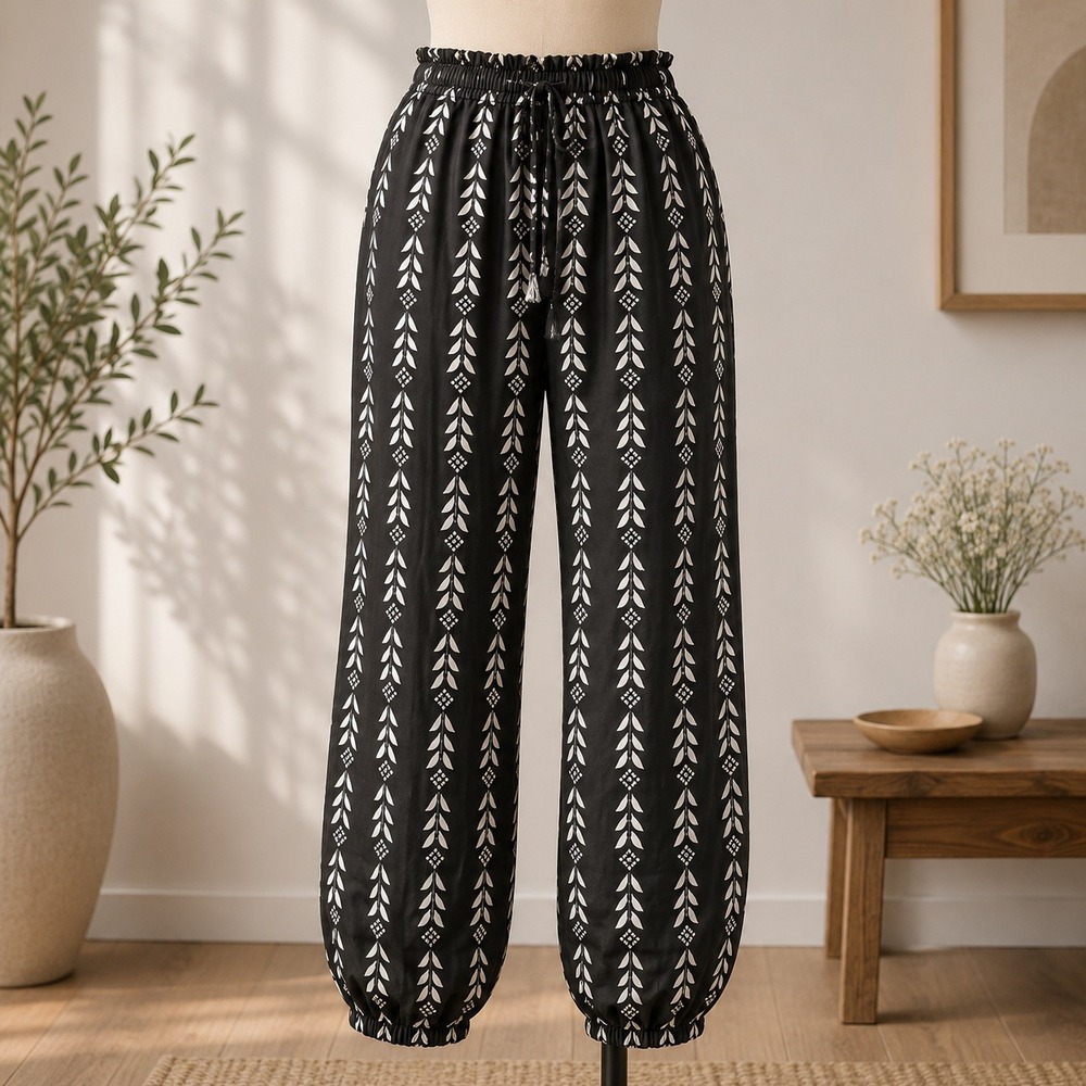 NWT Cupshe Beach Pants Womens S Black White Geometric Print Smocked Harem Jogger